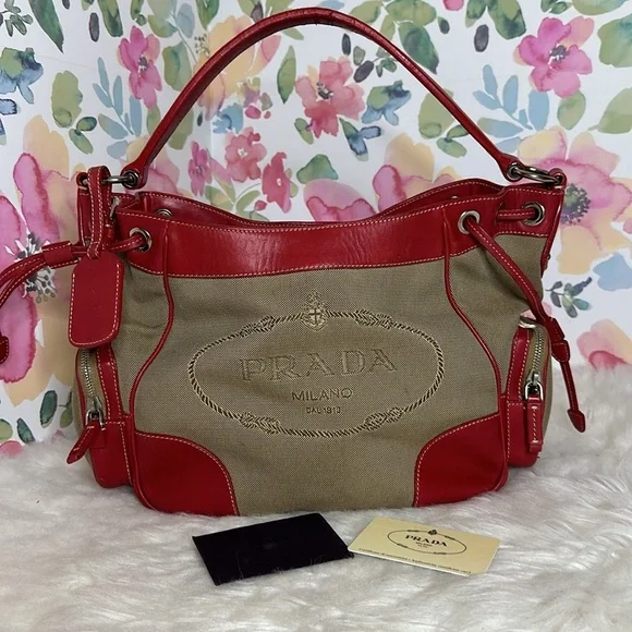 💯Authentic PRADA Jacquard Logo Hobo Corda Rosso🍀